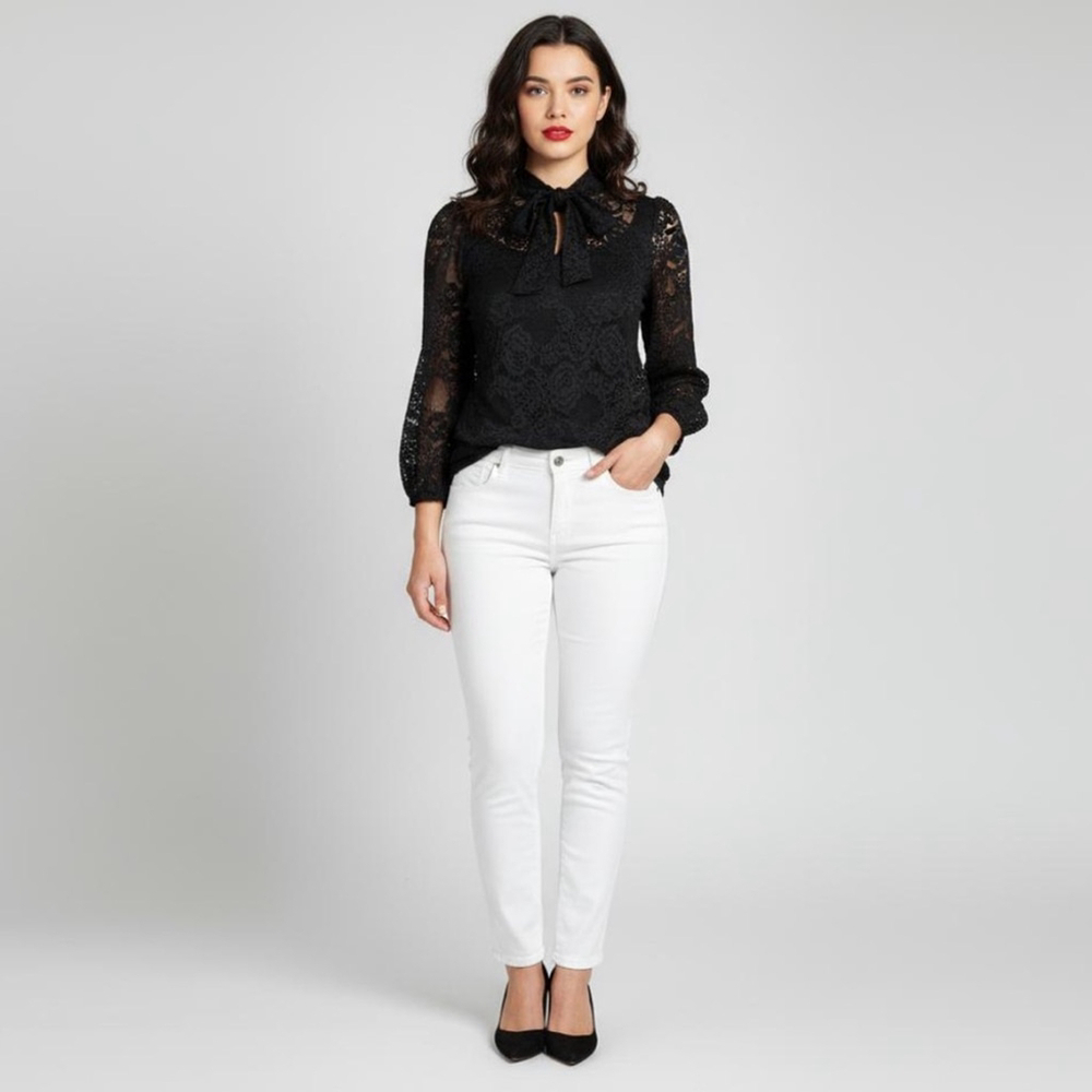 Cable & Gauge Black Lace Tie Neck Long Sleeve Blouse Women’s Size Small - Picture 3 of 11
